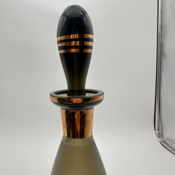 Vtg Moody Czech Bohemia Smokey Glass Decanter Gold Trim 11” carafe Green Gray - Picture 11 of 16